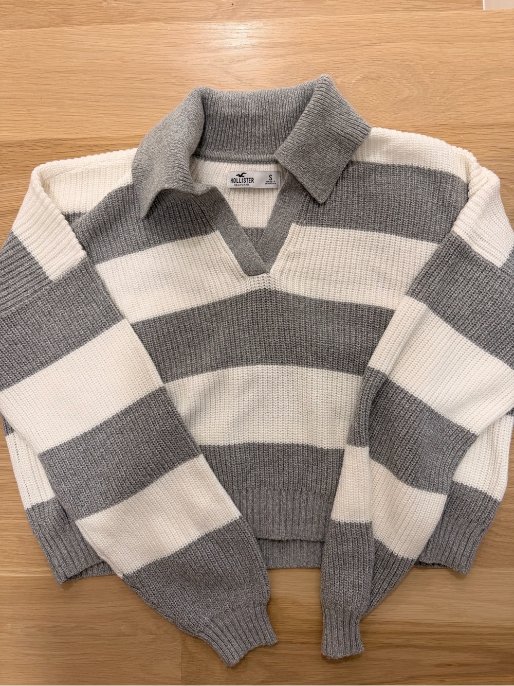 Hollister Gray & White Striped Knit Polo Sweater
